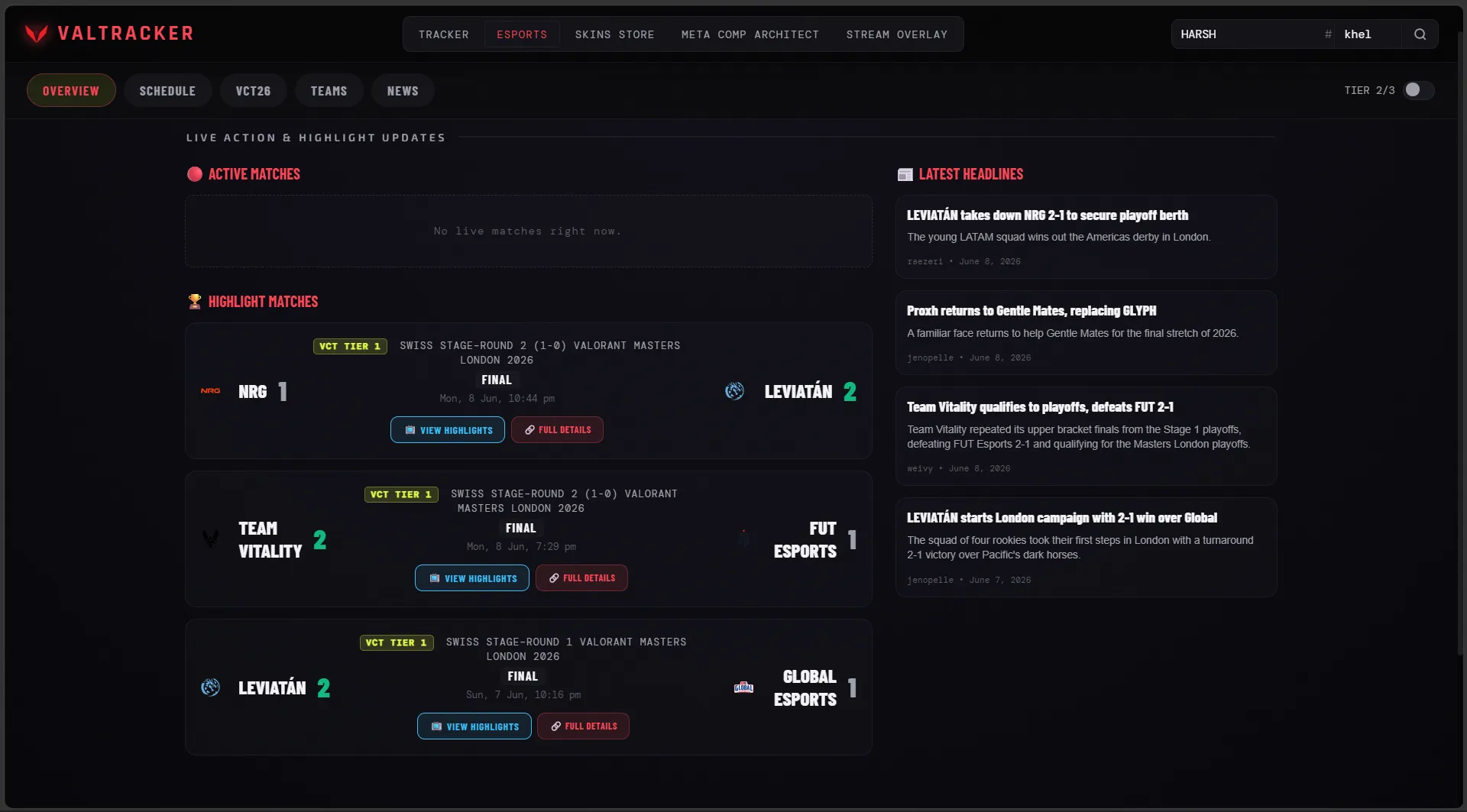 VCT Esports hub showing Masters London match cards and live scores