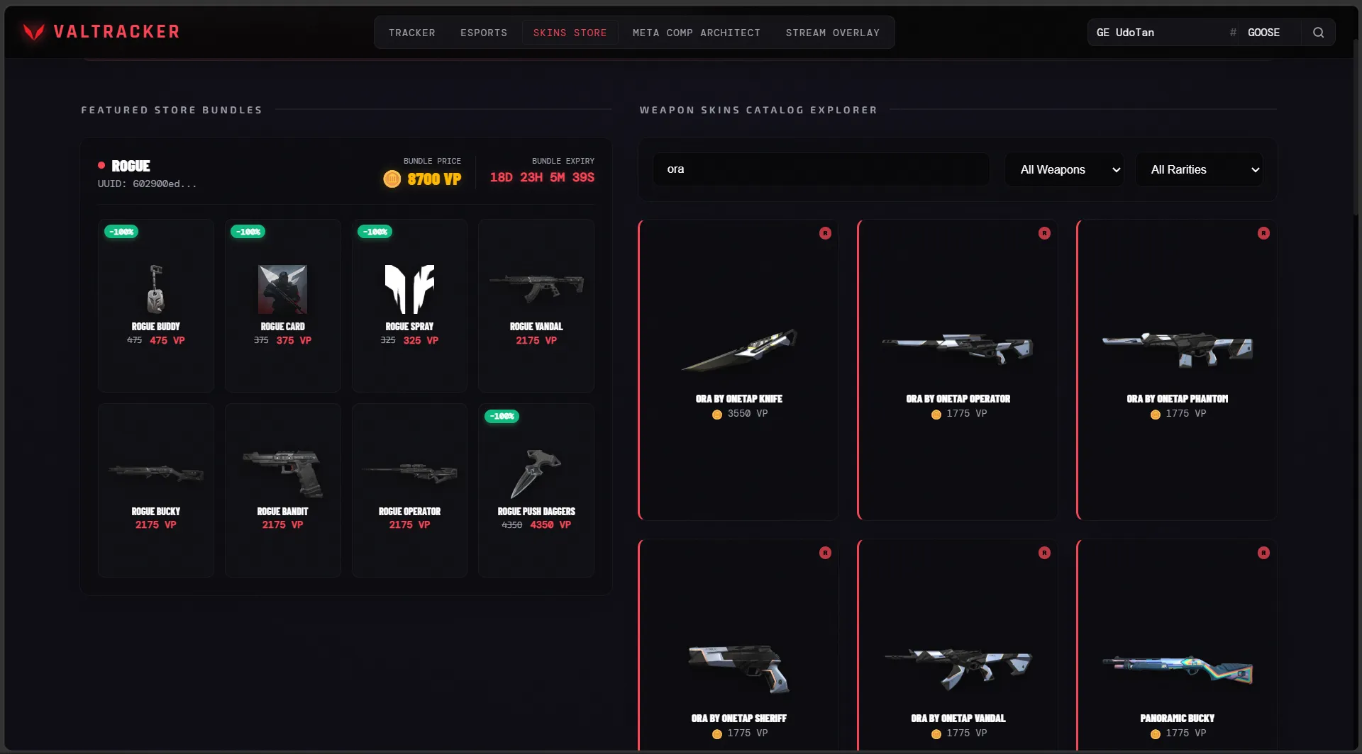 Valorant skins store with VP pricing and chroma previews